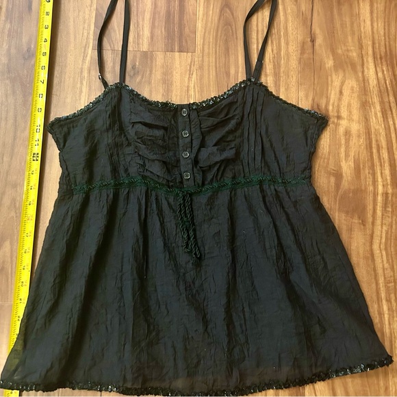 Right in Two Tops - Black Sequin Trim Black Camisole with Button Accents, ties at bust
